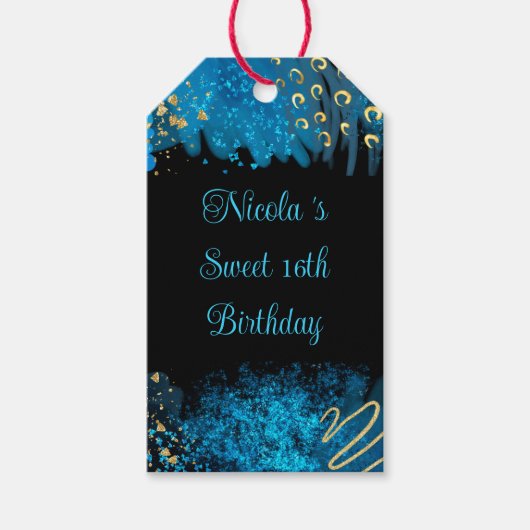Blue Alcohol Ink Sweet 16 Verjaardagsfeest Cadeaulabel (Voorkant)