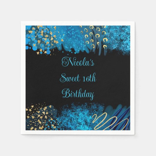 Blue Alcohol Ink Sweet 16 Verjaardagsfeest Servet (Voorkant)