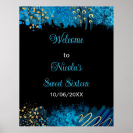 Blue Alcohol Ink Sweet 16 Verjaardagsfeest Welkom Poster