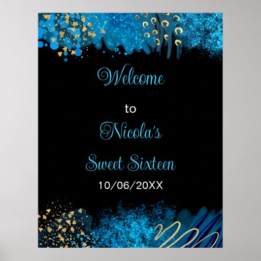 Blue Alcohol Ink Sweet 16 Verjaardagsfeest Welkom Poster (Voorkant)
