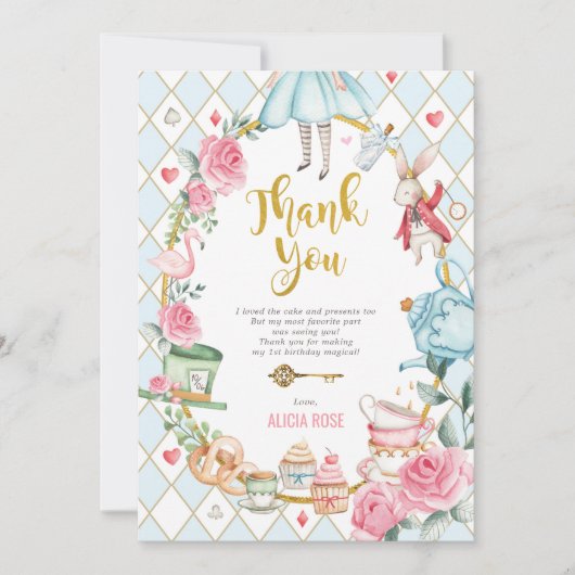 Blue Alice in Wonderland Tea Party Hartelijk dank Kaart (Voorkant)