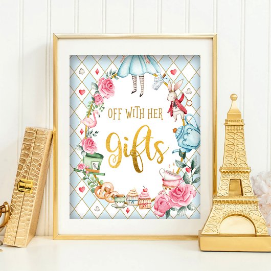 Blue Alice in Wonderland uit met haar GIFTS-bord Poster