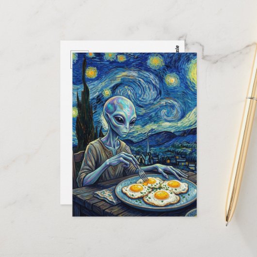 Blue Alien Eating Fried Eggs Faux Van Gogh Briefkaart (Voorkant / Achterkant in situ)