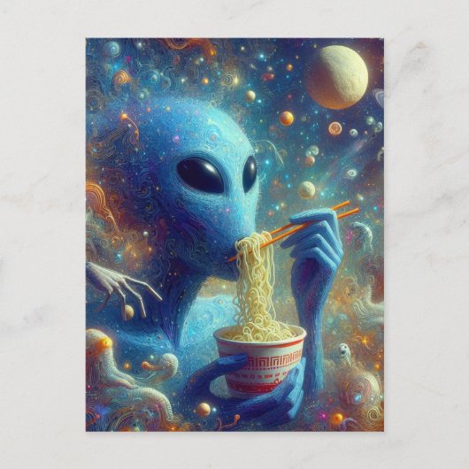 Blue Alien Eating Noodles Briefkaart (Voorkant)