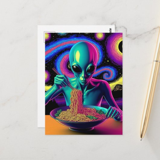 Blue Alien Eating Noodles  Briefkaart (Voorkant / Achterkant in situ)