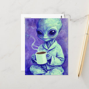 Blue Alien met een kopje koffie Briefkaart