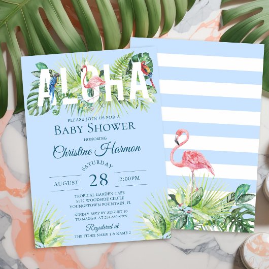 Blue Aloha Flamingo Tropical Birds Boy Baby shower Kaart