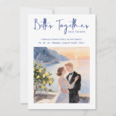 Blue Amalfi Coast Lemon Tree Chic Wedding Couple Save The Date (Voorkant)