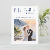 Blue Amalfi Coast Lemon Tree Chic Wedding Couple Save The Date (Staand voorkant)