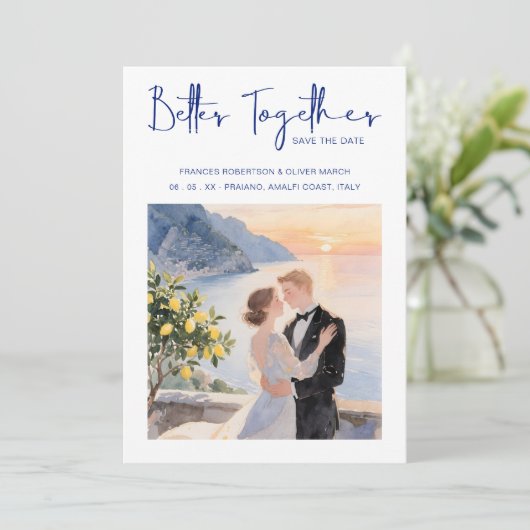 Blue Amalfi Coast Lemon Tree Chic Wedding Couple Save The Date (Staand voorkant)
