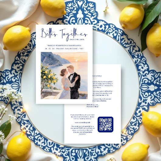 Blue Amalfi Coast Lemon Tree Chic Wedding Couple Save The Date