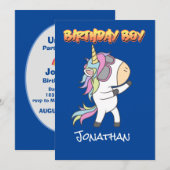 Blue Amazing Unicorn Birthday Boy Invite Notitiekaartje (Voorkant / Achterkant)