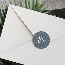 Blue Ampersand Monogram Weddenschap Return Address Ronde Sticker