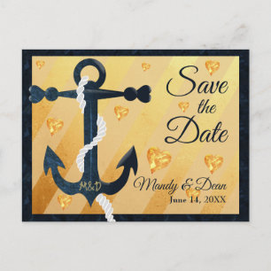 Blue anchor golden hearts Save the Date briefkaart