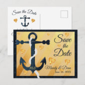 Blue anchor golden hearts Save the Date briefkaart (Voorkant / Achterkant)