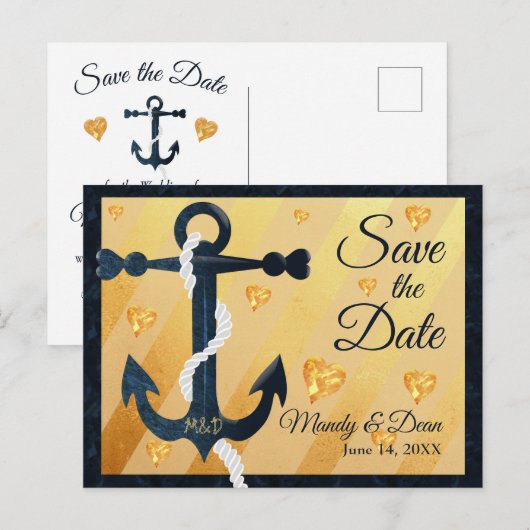 Blue anchor golden hearts Save the Date briefkaart (Voorkant / Achterkant)