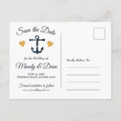 Blue anchor golden hearts Save the Date briefkaart (Achterkant)