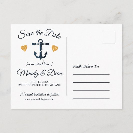 Blue anchor golden hearts Save the Date briefkaart (Achterkant)