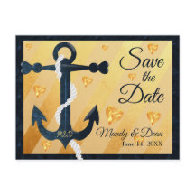 Blue anchor golden hearts Save the Date briefkaart