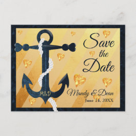 Blue anchor golden hearts Save the Date briefkaart