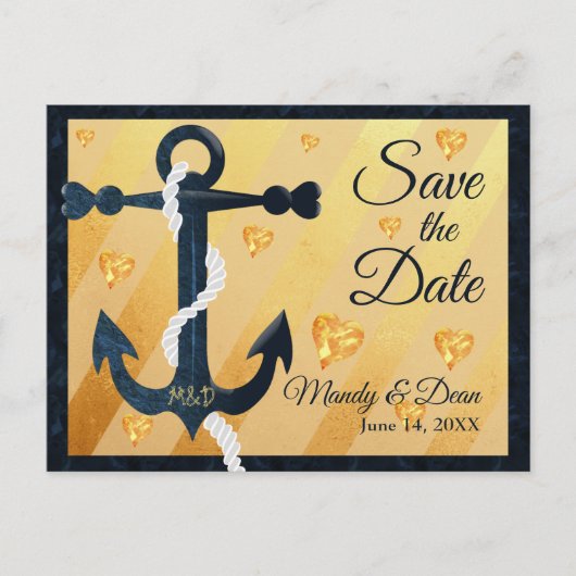 Blue anchor golden hearts Save the Date briefkaart (Voorkant)