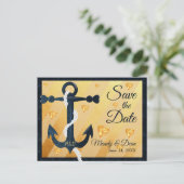 Blue anchor golden hearts Save the Date briefkaart (Staand voorkant)