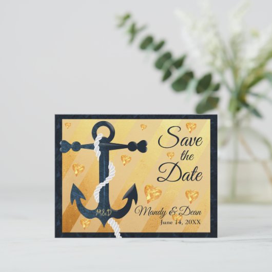 Blue anchor golden hearts Save the Date briefkaart (Staand voorkant)