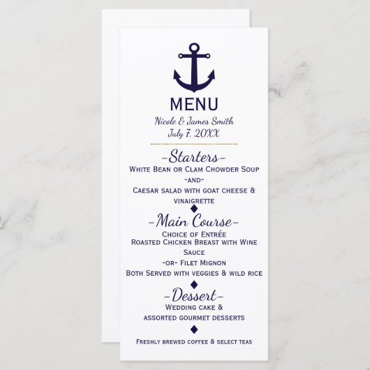 Blue Anchor Nautical Beach Wedding Menu Kaart (Voorkant / Achterkant)