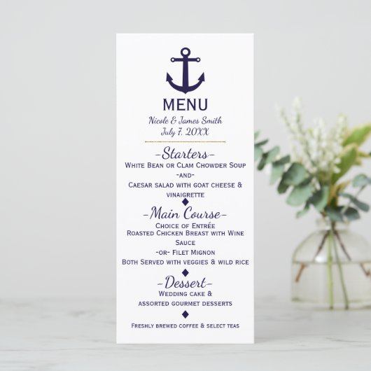 Blue Anchor Nautical Beach Wedding Menu Kaart (Staand voorkant)
