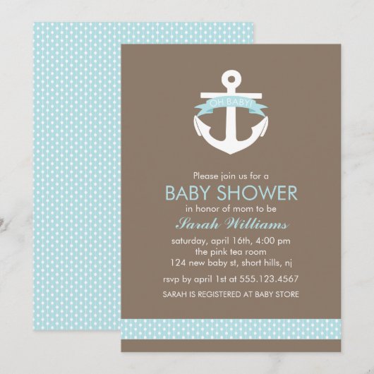 Blue Anchor Nautical Boy Baby shower Kaart (Voorkant / Achterkant)
