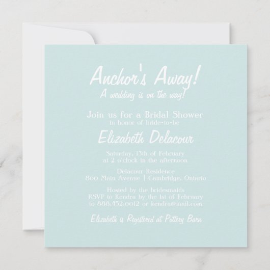 Blue Anchor Nautical Bridal Shower-uitnodiging Kaart (Achterkant)