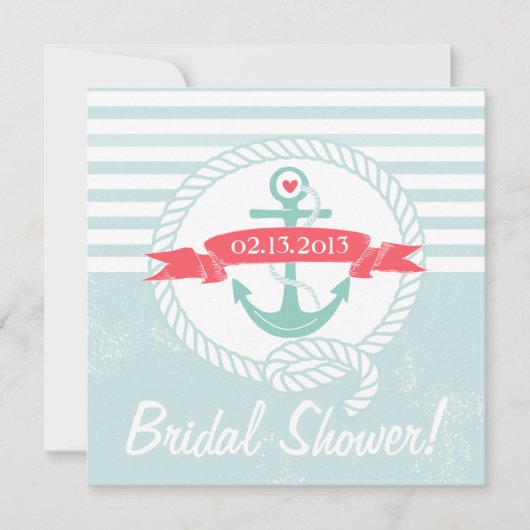 Blue Anchor Nautical Bridal Shower-uitnodiging Kaart (Voorkant)