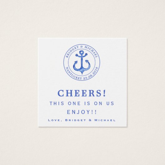 Blue Anchor - Nautical Wedding Drink Ticket Vierkante Visitekaartjes (Voorkant)