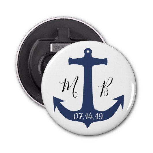 Blue Anchor Nautical Wedding Initialen and Date Button Flesopener (Voorkant)