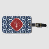 Blue Anchor Pattern Red Monogram Bagagelabel (Voorkant (horizontaal))