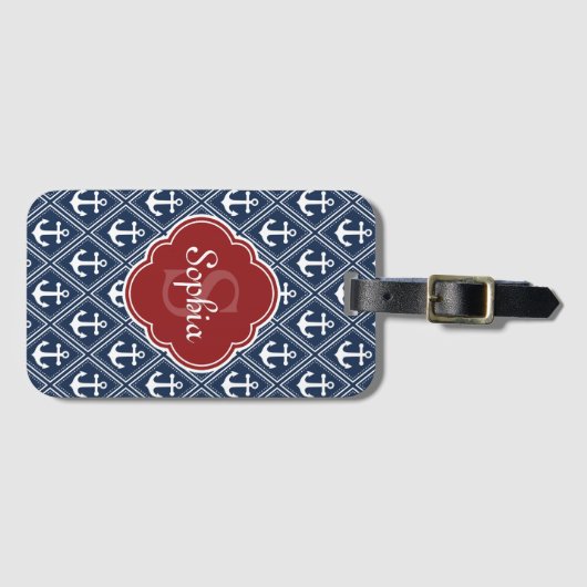 Blue Anchor Pattern Red Monogram Bagagelabel (Voorkant (horizontaal))