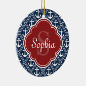 Blue Anchor Pattern Red Monogram Keramisch Ornament (Rechts)