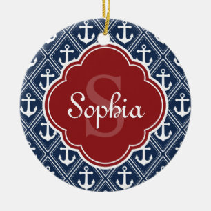 Blue Anchor Pattern Red Monogram Keramisch Ornament