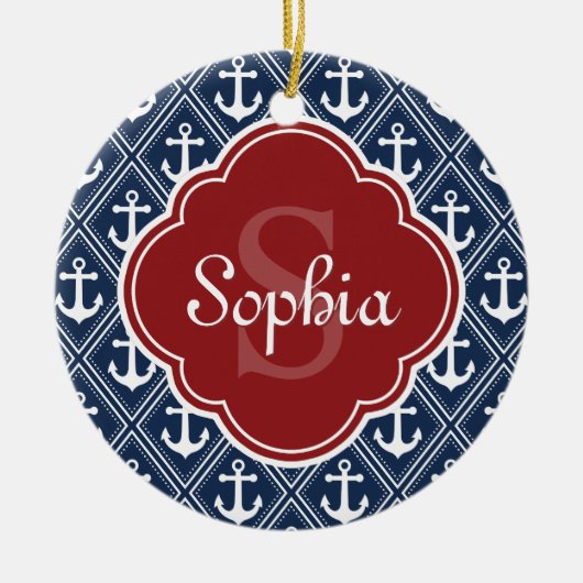Blue Anchor Pattern Red Monogram Keramisch Ornament (Voorkant)