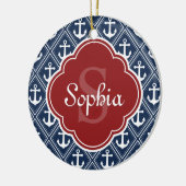 Blue Anchor Pattern Red Monogram Keramisch Ornament (Links)