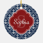 Blue Anchor Pattern Red Monogram Keramisch Ornament (Achterkant)