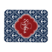 Blue Anchor Pattern Red Monogram Magneet (Horizontaal)