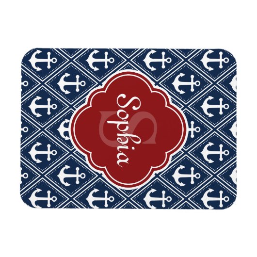 Blue Anchor Pattern Red Monogram Magneet (Horizontaal)