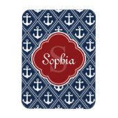 Blue Anchor Pattern Red Monogram Magneet (Verticaal)