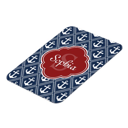 Blue Anchor Pattern Red Monogram Magneet (Linkerzijde)