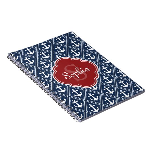 Blue Anchor Pattern Red Monogram Notitieboek (Rechterzijde)