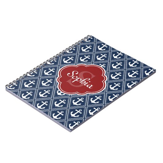 Blue Anchor Pattern Red Monogram Notitieboek (Linkerzijde)