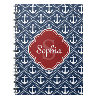 Blue Anchor Pattern Red Monogram Notitieboek