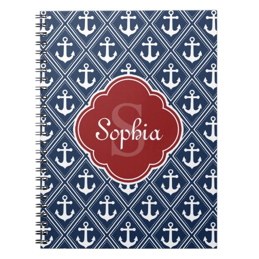 Blue Anchor Pattern Red Monogram Notitieboek (Voorkant)