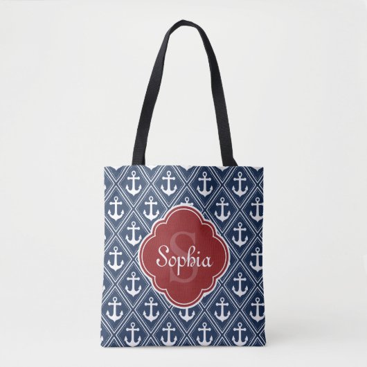 Blue Anchor Pattern Red Monogram Tote Bag (Voorkant)
